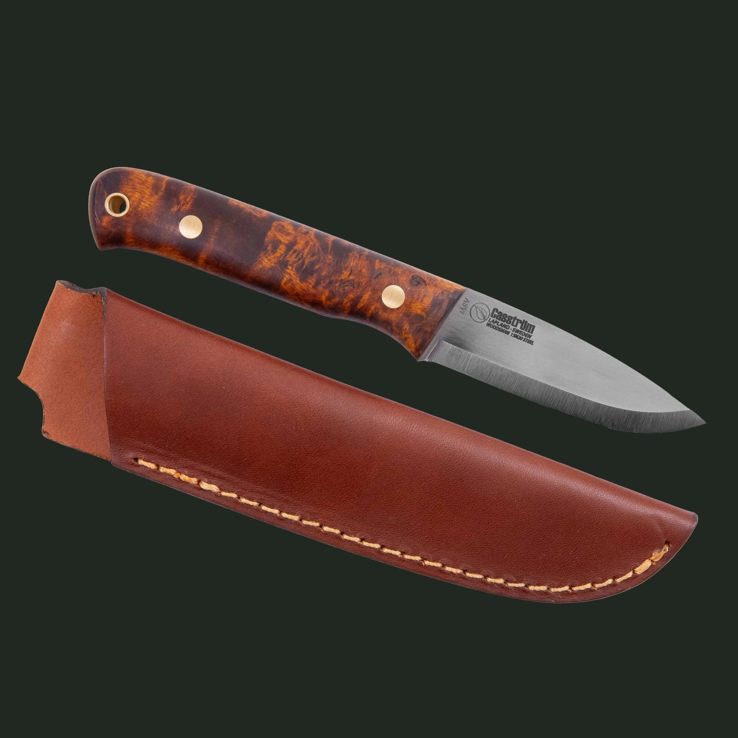 Casström Järv Woodsman fixed blade knife with dark curly birch handle