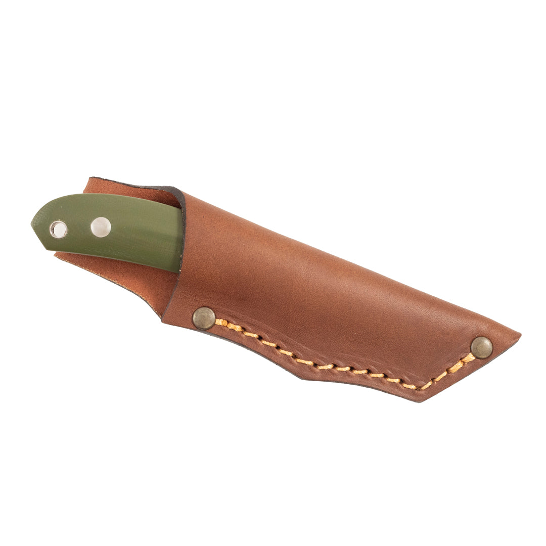 Casström Safari belt knife with olive green handle and sheathed in a cognac brown leather sheath