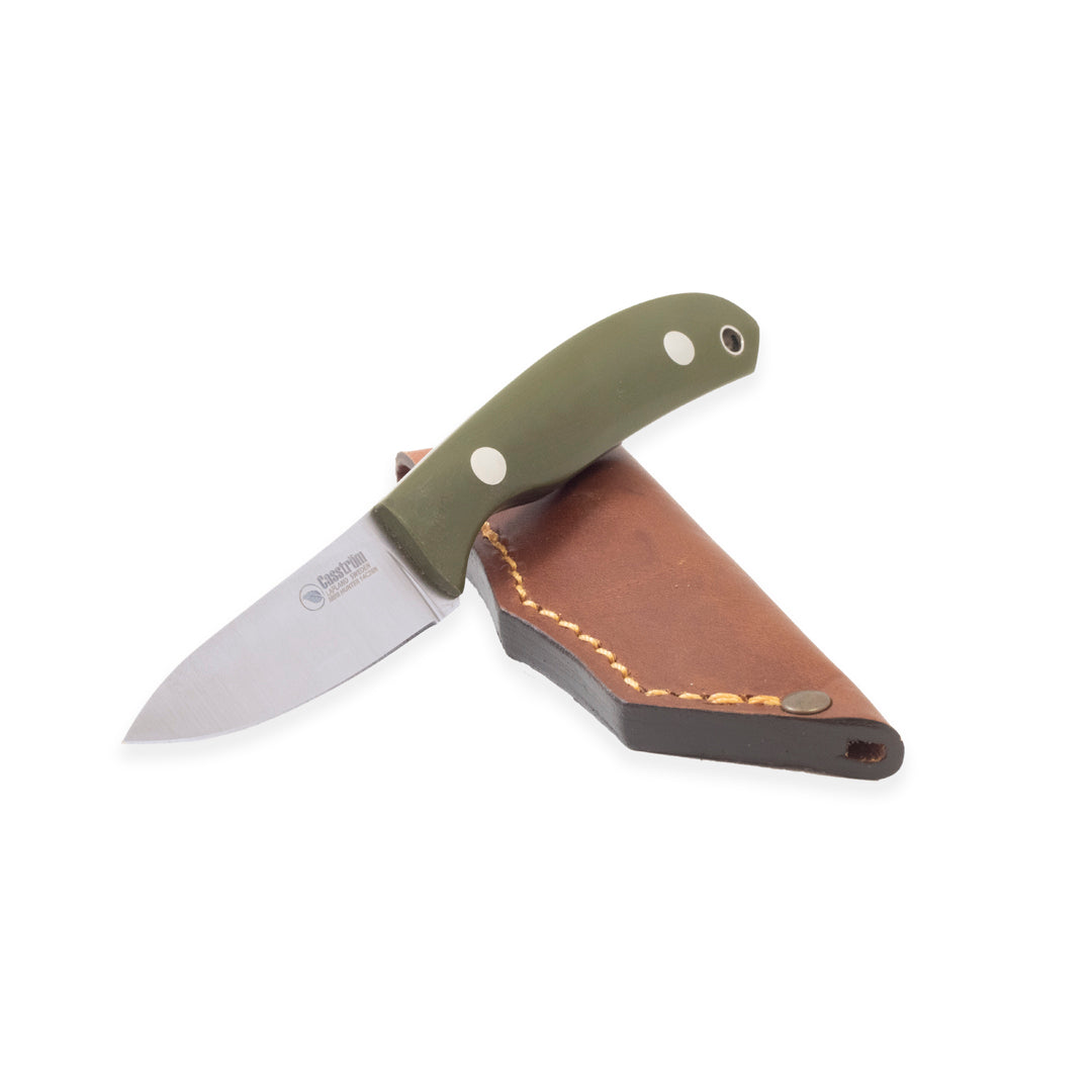 Casström Safari belt knife with olive green handle and leather sheath