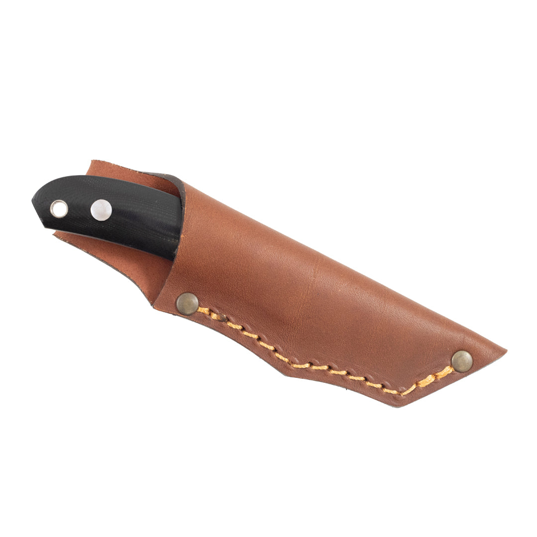 Casström Safari belt knife with black handle and leather sheath