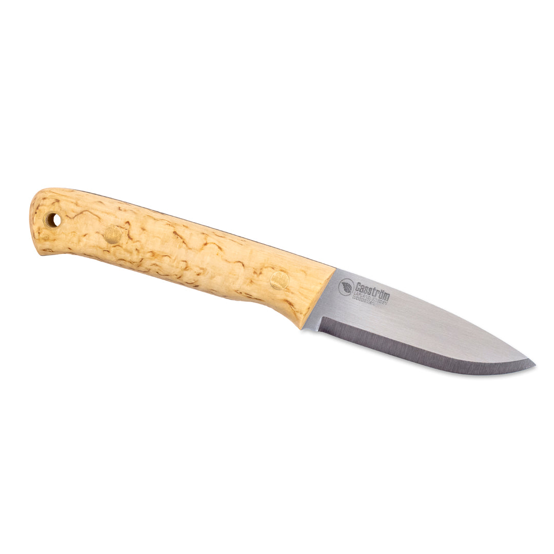 The Casstrom Woodsman in curly birch with a Sleipner carbon steel blade and scandi grind