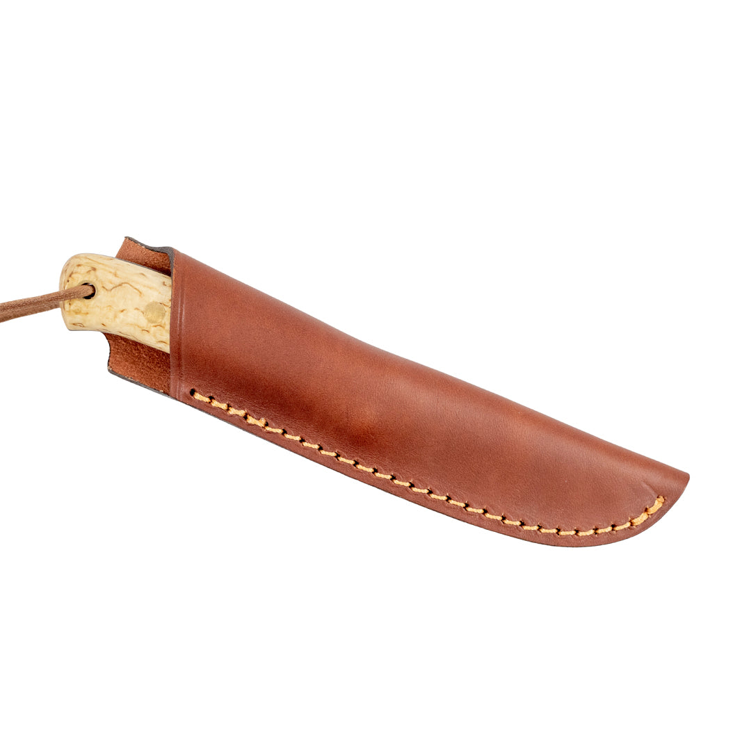 The Casstrom Woodsman survival knife in a sheath of ethically sourced European leather