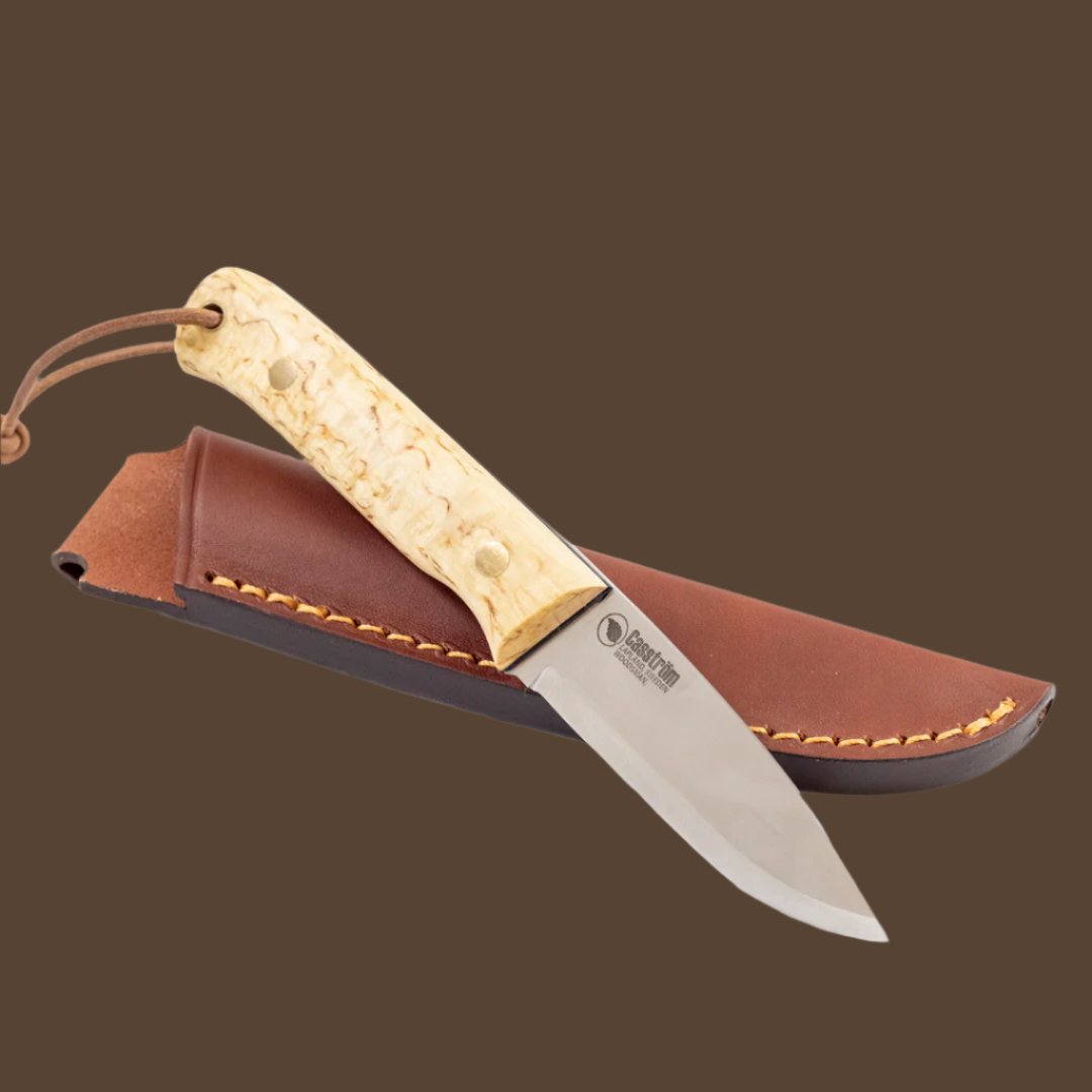 The Casstrom Woodsman knife, Sleipner steel, curly birch handle and leather sheath