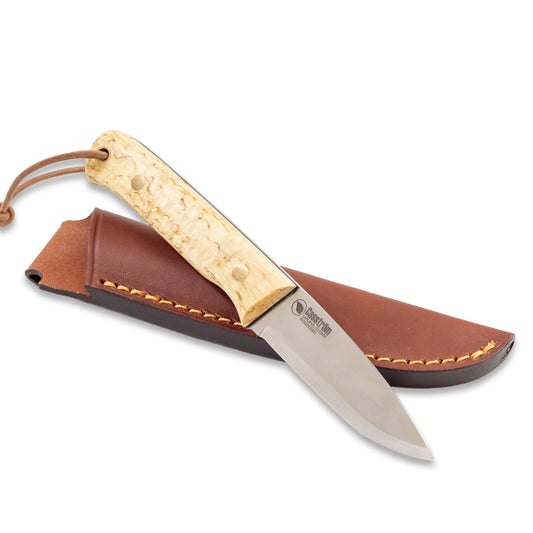 The Casstrom Woodsman knife, Sleipner steel, curly birch handle and leather sheath