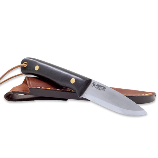 The Casstrom Woodsman knife with stabilised bog oak handle, Sleipner steel blade, and leather sheath