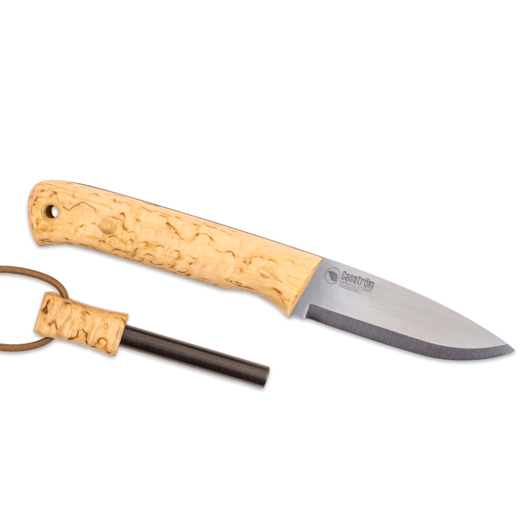 Casstrom Woodsman knife and matching curly birch fire steel