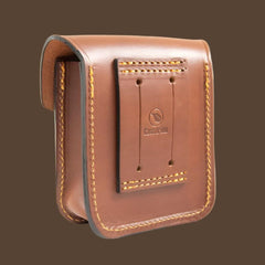 Back of the Casström Leather Possibles Pouch showing the stitched belt loop and the embossed Casström Leaf Logo