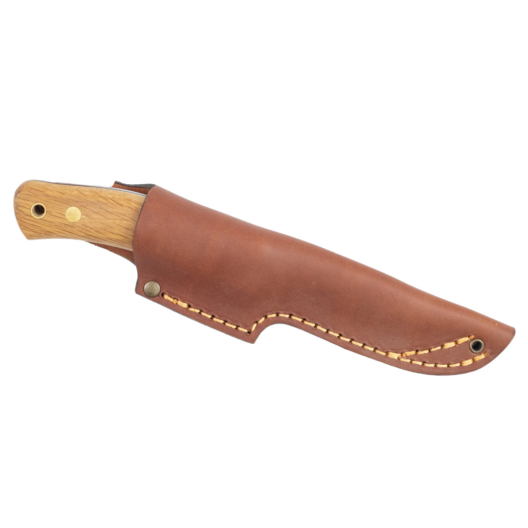 Casstrom No.10 Swedish Forest Knife, with oak handle. Knife is in a cognac brown leather sheath