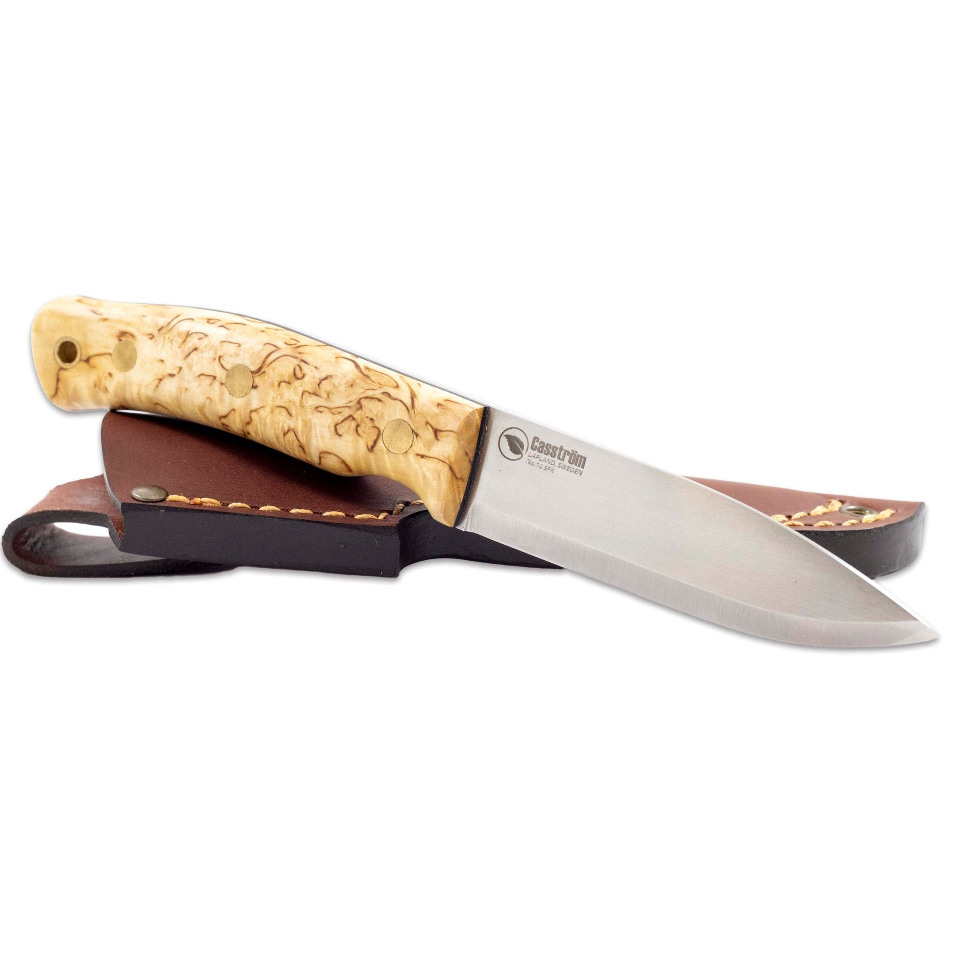 Casstrom No.10 Swedish Forest Knife. Sleipner steel blade, curly birch handle, and a cognac brown leather sheath