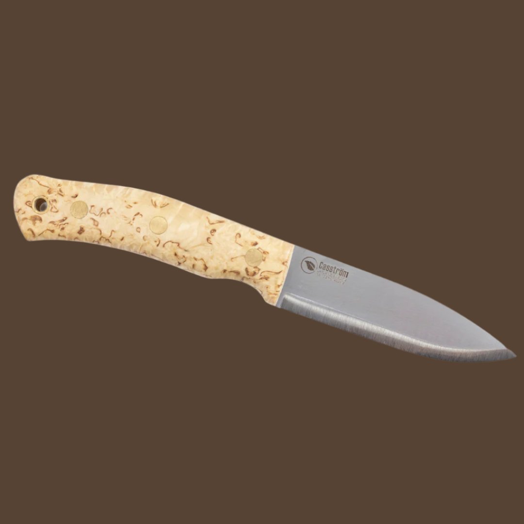 Casström No.10 SFK with curly birch handle, scandi grind and stainless steel blade