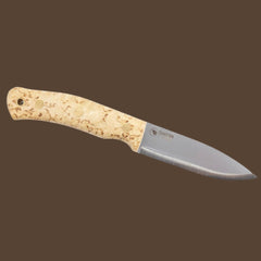 Casström No.10 SFK with curly birch handle, scandi grind and stainless steel blade