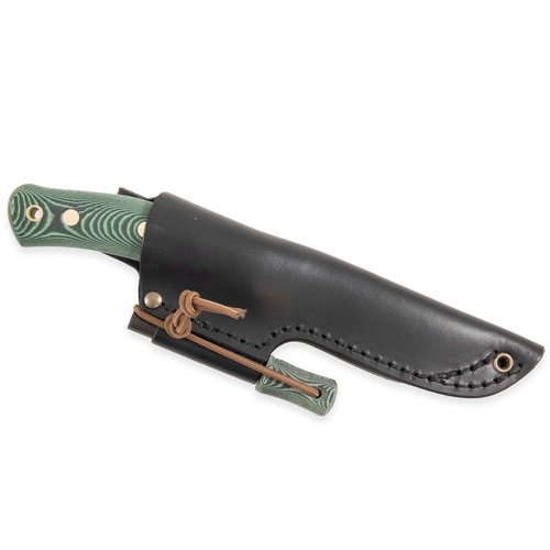 Casström No.10 Swedish Forest Knife in black leather sheath, with fire steel of matching green micarta