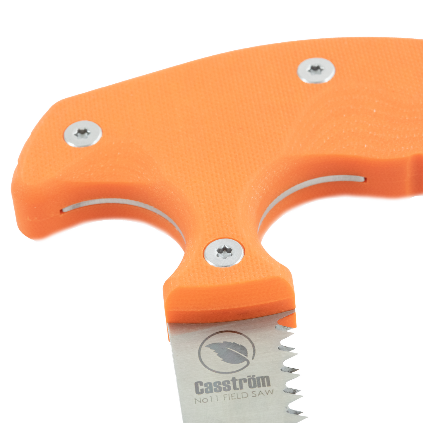 Bright orange handle of the Casstrom No.11 Field Saw making it perfect for deer stalking