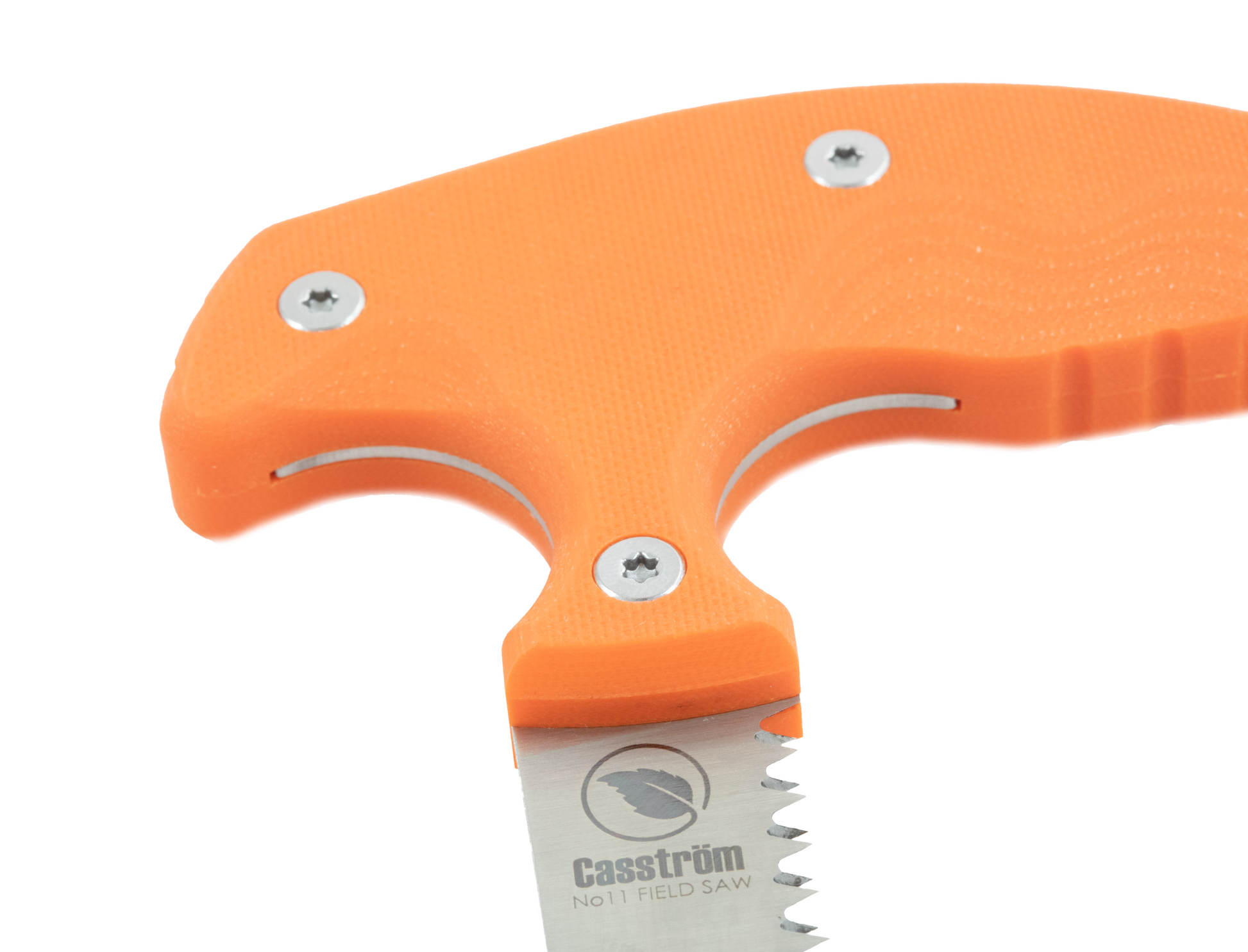 Bright orange handle of the Casstrom No.11 Field Saw making it perfect for deer stalking