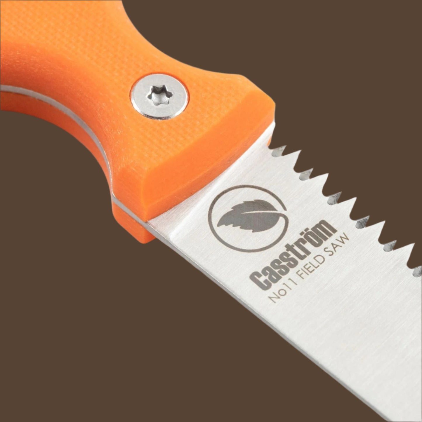 Close up of the Casstr;m No.11 Field Saw blade and sturdy fixing to the orange handle