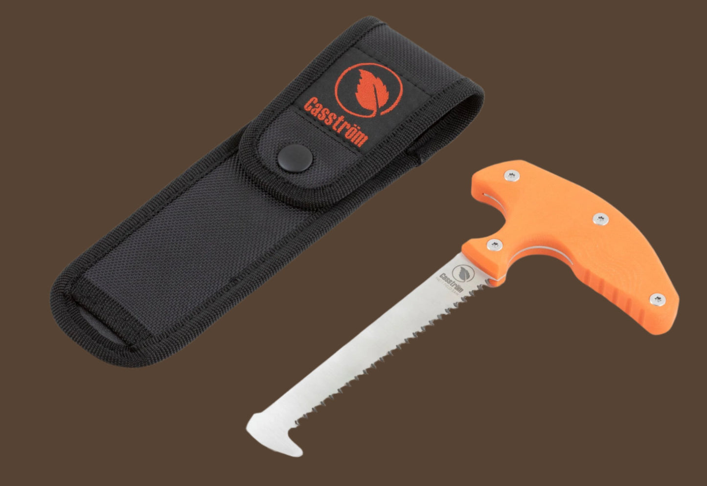 The Casstr;m No.11 Field Saw with orange handle and nylon pouch