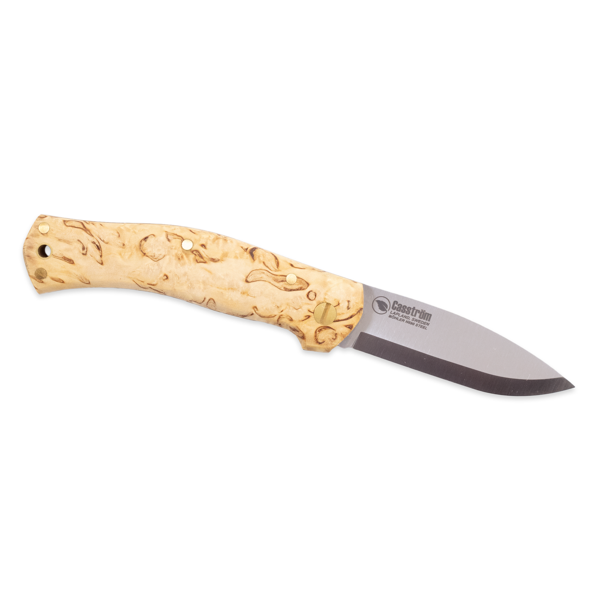 UK-legal folding knife, stainless steel blade, curly birch handle,, made by Casstrom Sweden