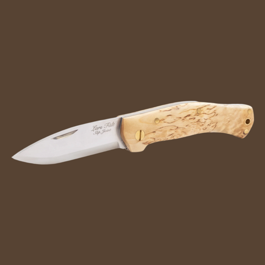 UK-legal folding knife, stainless steel blade, curly birch handle,, made by Casstrom Sweden