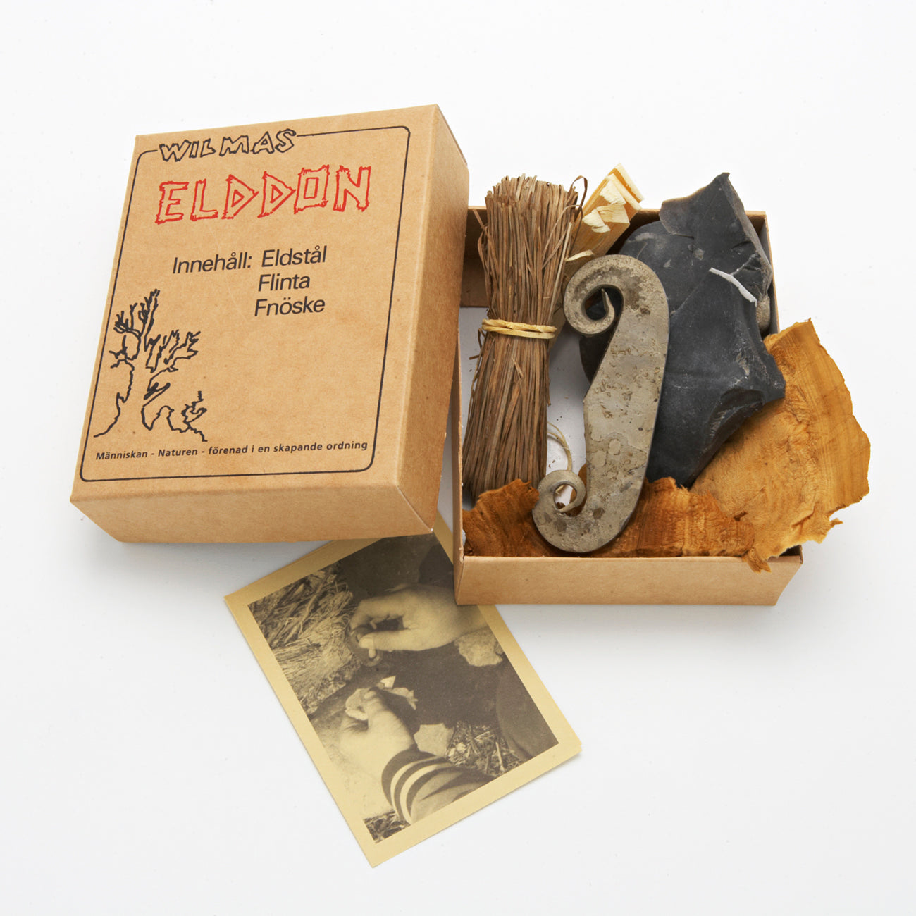 Elddon boxed firelighting kit  from Wilma in Sweden, including a flint and steel and tinder